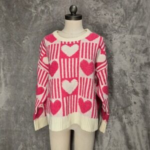 Major Label Group Women XL Heart Stripe Knit Sweater Pink Stretchy Soft Chuncky